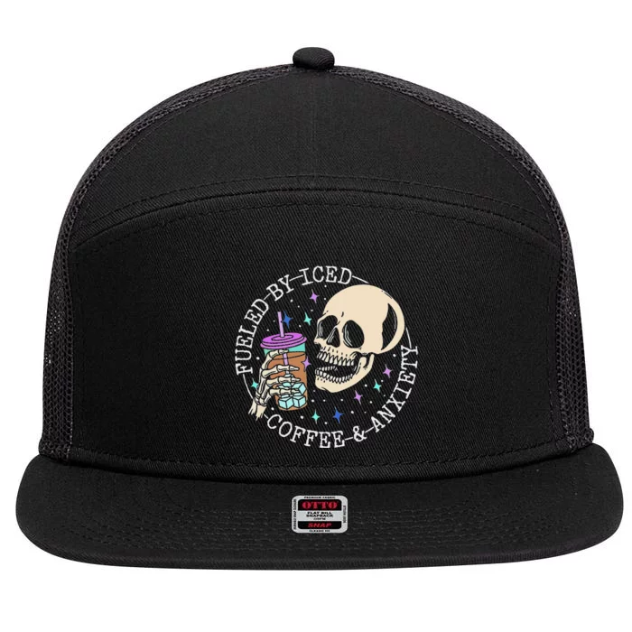 Fueled By Iced Coffee And Anxiety Skull Coffee Lover 7 Panel Mesh Trucker Snapback Hat