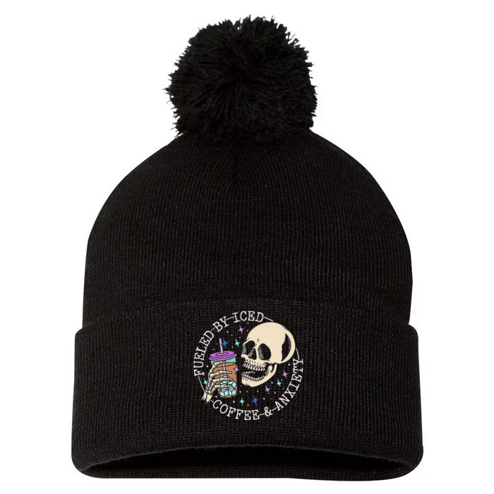 Fueled By Iced Coffee And Anxiety Skull Coffee Lover Pom Pom 12in Knit Beanie