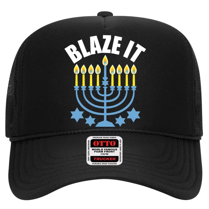 Funny Blaze It Light The Menorah Happy Hanukkah Novelty High Crown Mesh Trucker Hat