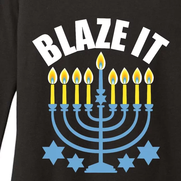 Funny Blaze It Light The Menorah Happy Hanukkah Novelty Womens CVC Long Sleeve Shirt