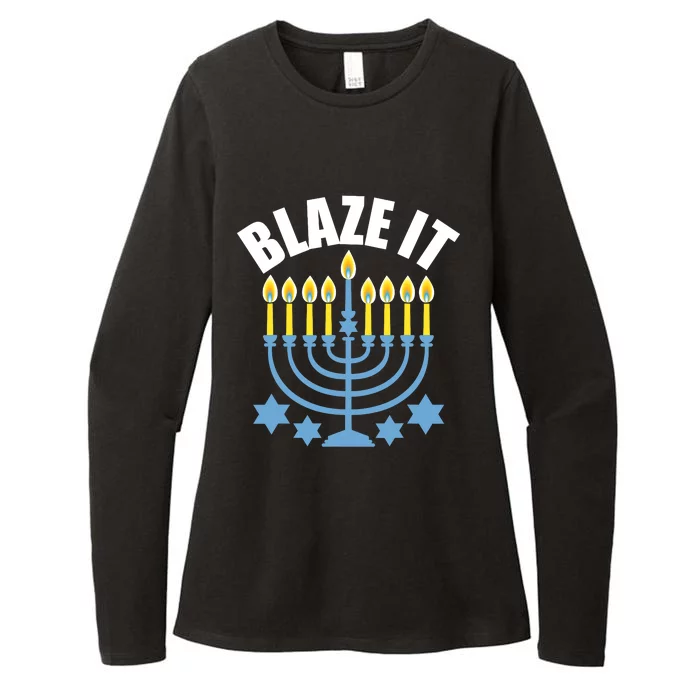 Funny Blaze It Light The Menorah Happy Hanukkah Novelty Womens CVC Long Sleeve Shirt