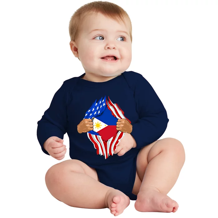 Filipino Blood Inside Me The Philippines Flag Gift Baby Long Sleeve Bodysuit