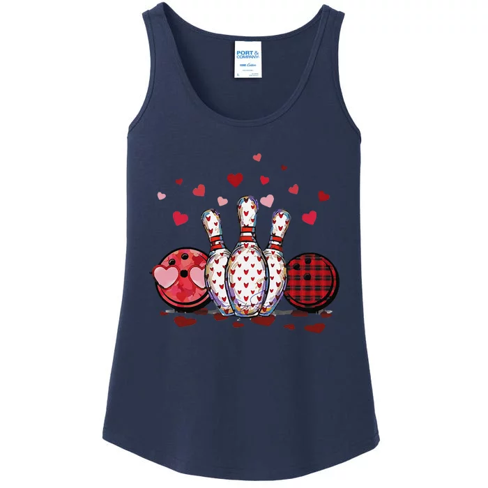 Funny Bowling Lovers Hearts Buffalo Plaid Valentine's Day Ladies Essential Tank