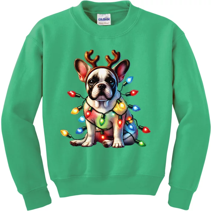 French Bulldog Lovers Xmas Reindeer Antler Christmas Lights Kids Sweatshirt