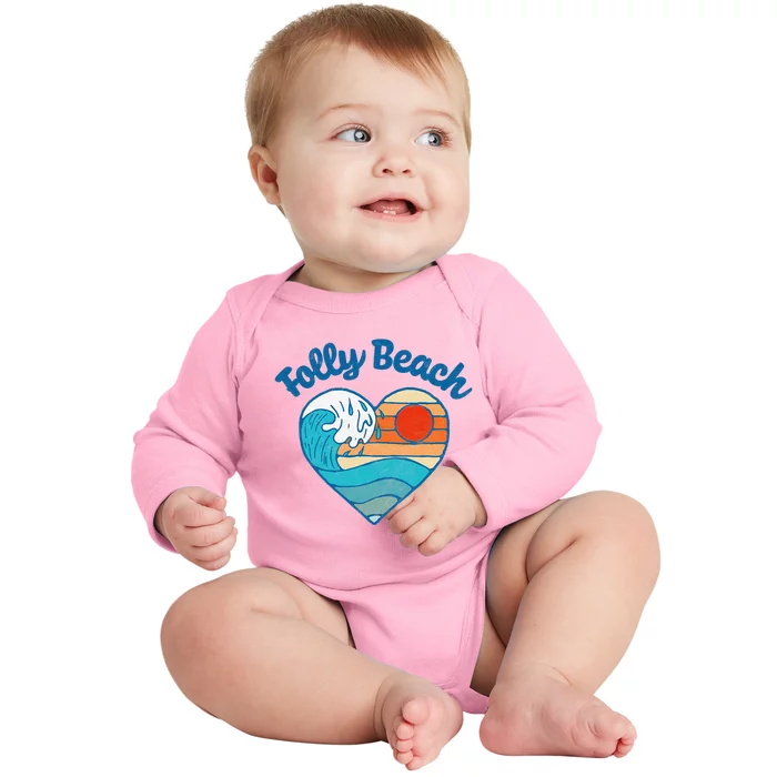 Folly Beach Lover Retro Heart Surf & Wave Baby Long Sleeve Bodysuit