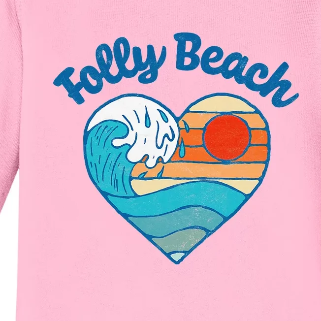 Folly Beach Lover Retro Heart Surf & Wave Baby Long Sleeve Bodysuit