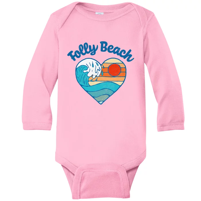 Folly Beach Lover Retro Heart Surf & Wave Baby Long Sleeve Bodysuit