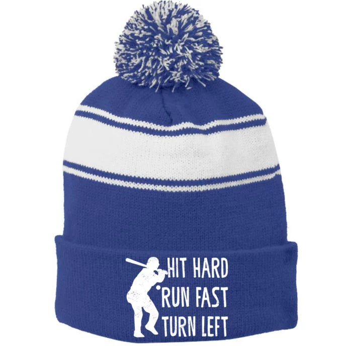 Funny Baseball Lover Player Hit Hard Run Fast Turn Left Cool Gift Stripe Pom Pom Beanie