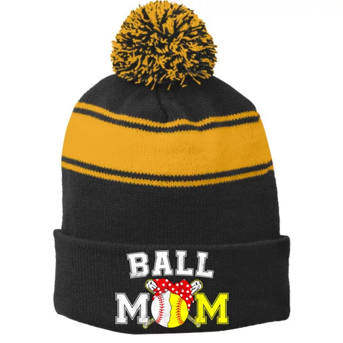 Funny Ball Mom Softball Baseball Gifts For Women Mothers Day Stripe Pom Pom Beanie