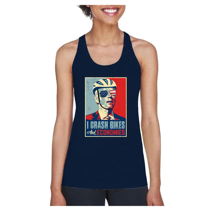 Funny Biden Meme I Crash Bikes And Economies Funny Joe Biden Falling Off Bike Women's Racerback Tank