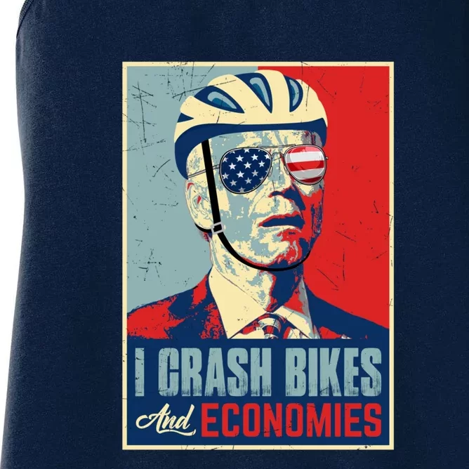 Funny Biden Meme I Crash Bikes And Economies Funny Joe Biden Falling Off Bike Women's Racerback Tank