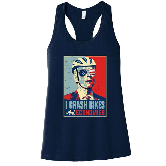 Funny Biden Meme I Crash Bikes And Economies Funny Joe Biden Falling Off Bike Women's Racerback Tank