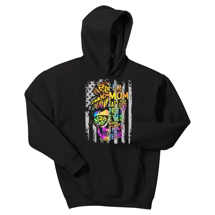 F Bomb Mom With Tattoos Pretty Eyes And Thick Thighs Skull Kids Hoodie