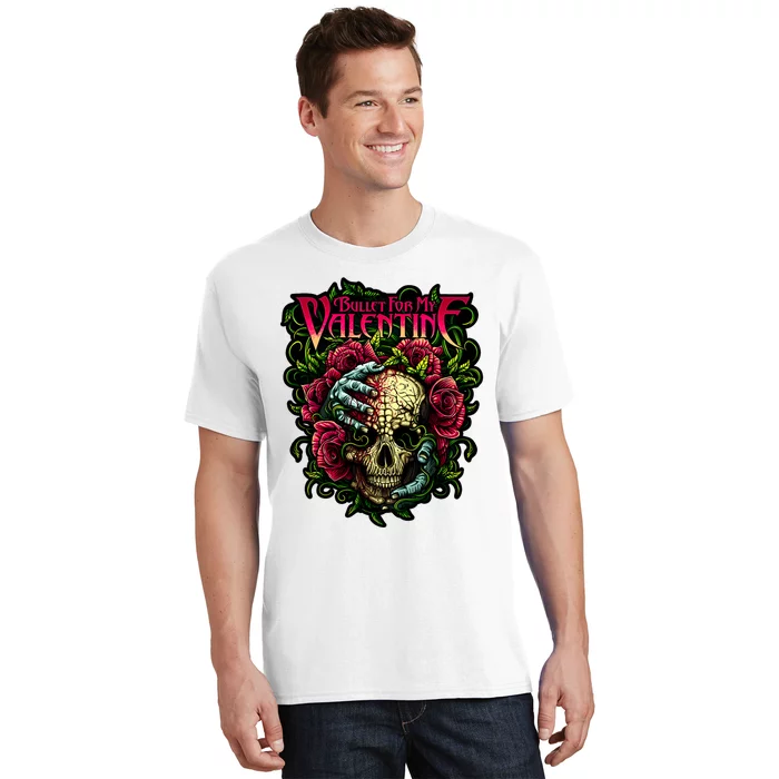 Funny Bullet My Valentine Skull Roses And Red Blood Horror T-Shirt