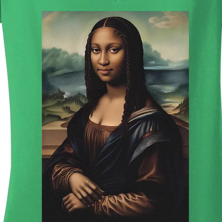 Funny Black Mona Lisa Afro Queen Juneteenth History Women's V-Neck T-Shirt