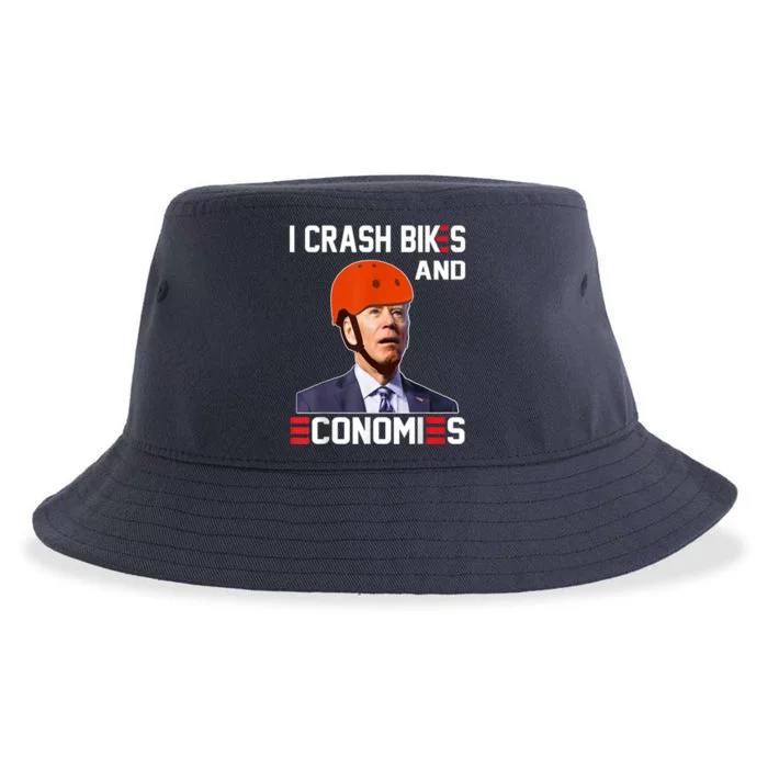 Funny Biden Meme I Crash Bikes And Economies Funny Joe Biden Falling Off Bike Sustainable Bucket Hat