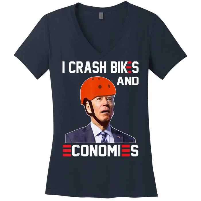 Funny Biden Meme I Crash Bikes And Economies Funny Joe Biden Falling Off Bike Women's V-Neck T-Shirt