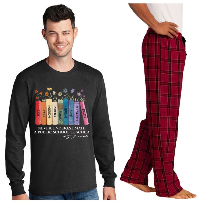 Floral Books Never Underestimate A Public School Teacher Long Sleeve Pajama Set