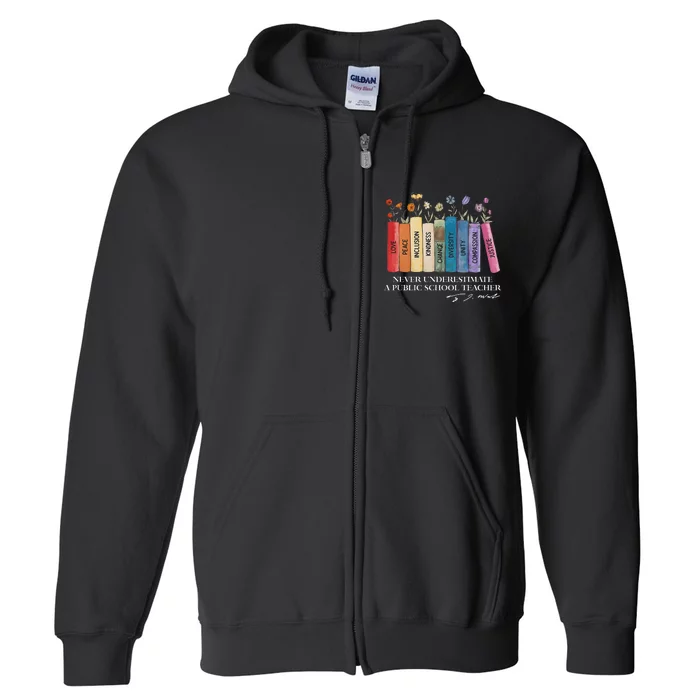 Floral Books Never Underestimate A Public School Teacher Gift Full Zip Hoodie