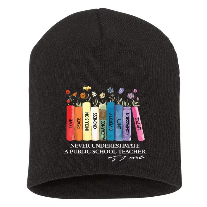 Floral Books Never Underestimate A Public School Teacher Short Acrylic Beanie