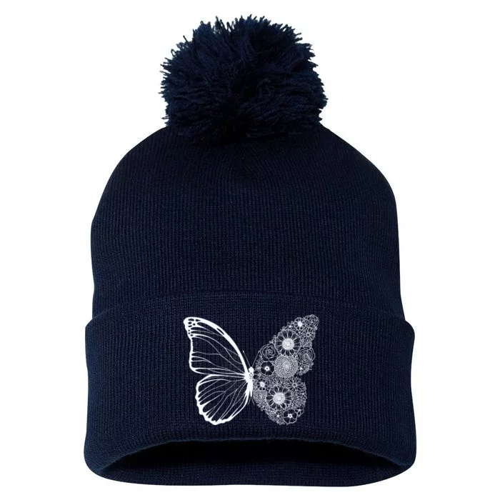 Floral Butterfly Nature Pom Pom 12in Knit Beanie