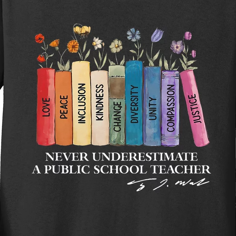 Floral Books Never Underestimate A Public School Teacher Kids Long Sleeve Shirt