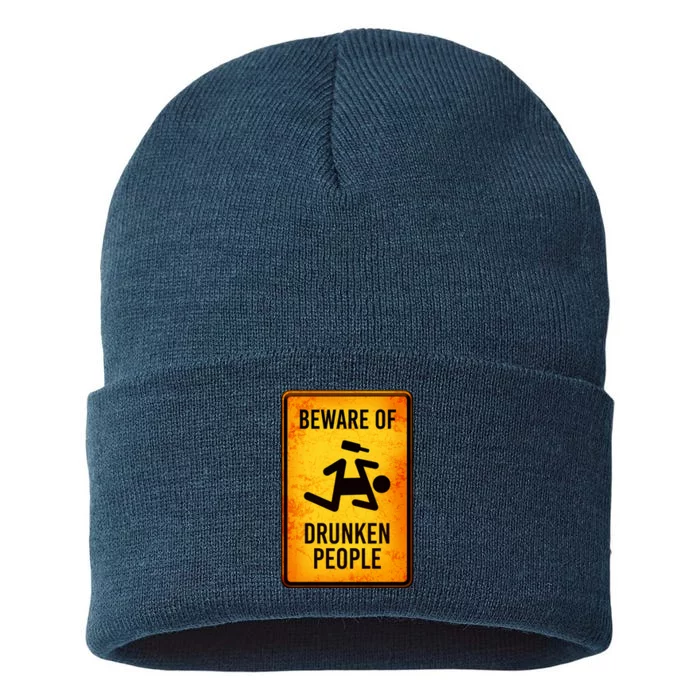 Funny Beware Of Drunken People Road Sign Sustainable Knit Beanie