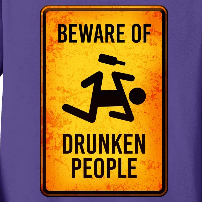 Funny Beware Of Drunken People Road Sign Kids Long Sleeve Shirt