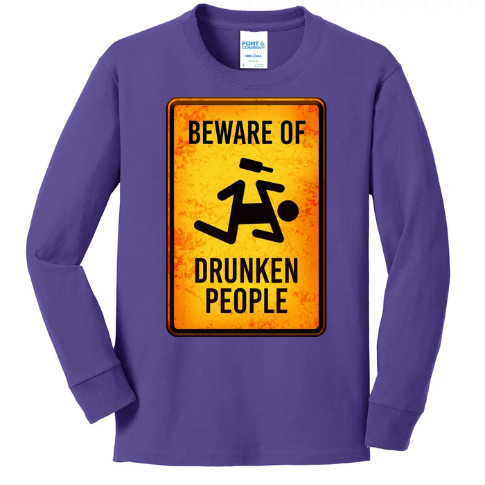 Funny Beware Of Drunken People Road Sign Kids Long Sleeve Shirt