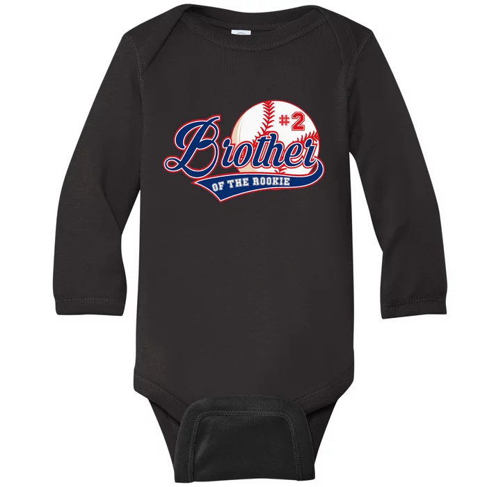 funny Brother of Rookie 2nd Birthday Baseball Party Baby Long Sleeve Bodysuit