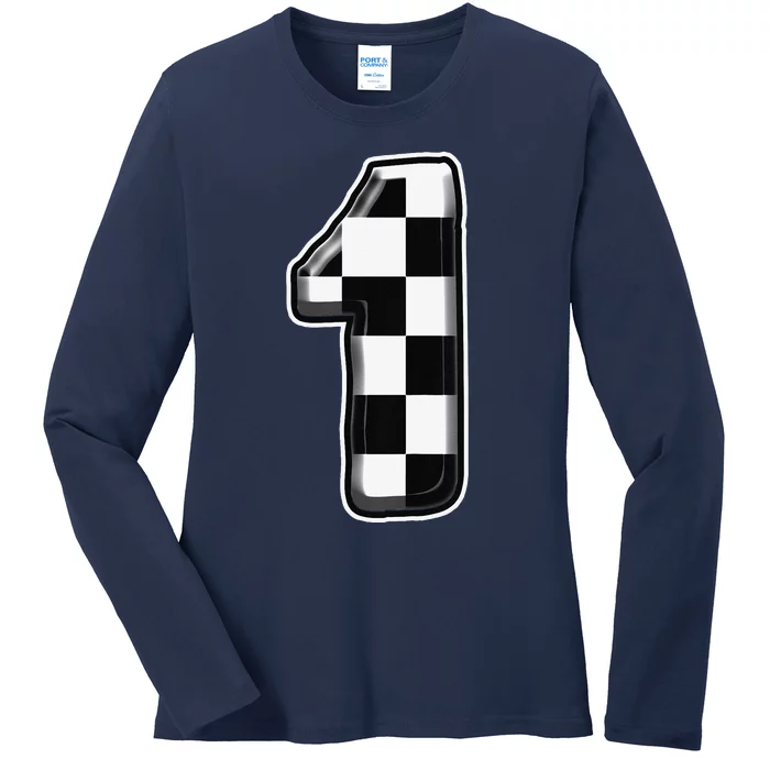 Funny Birthday One 1 Race Car 1st Birthday Racing Car Flag Ladies Long Sleeve Shirt