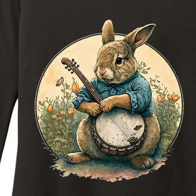 Funny Bunny Playing Banjo Guitar Music Rabbit Easter Womens CVC Long Sleeve Shirt