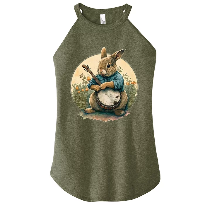 Funny Bunny Playing Banjo Guitar Music Rabbit Easter Women’s Perfect Tri Rocker Tank