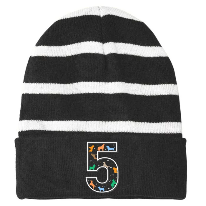 Fifth Birthday Puppy 5 Year Old Birthday Dog Striped Beanie with Solid Band