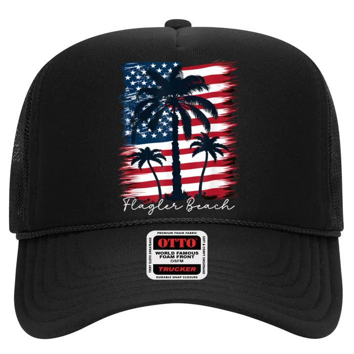 Flagler Beach Patriotic American Flag Palm Trees High Crown Mesh Trucker Hat