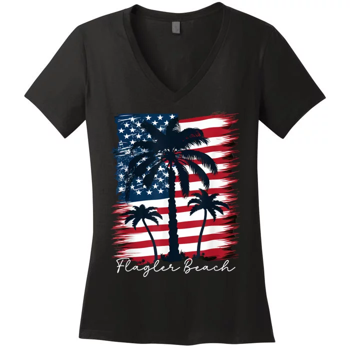 Flagler Beach Patriotic American Flag Palm Trees Women's V-Neck T-Shirt