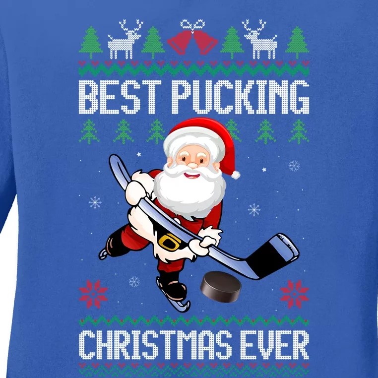 Funny Best Pucking Santa Claus Ugly Christmas Ice Hockey Funny Gift Ladies Long Sleeve Shirt