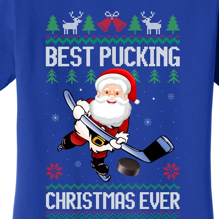 Funny Best Pucking Santa Claus Ugly Christmas Ice Hockey Funny Gift Women's T-Shirt