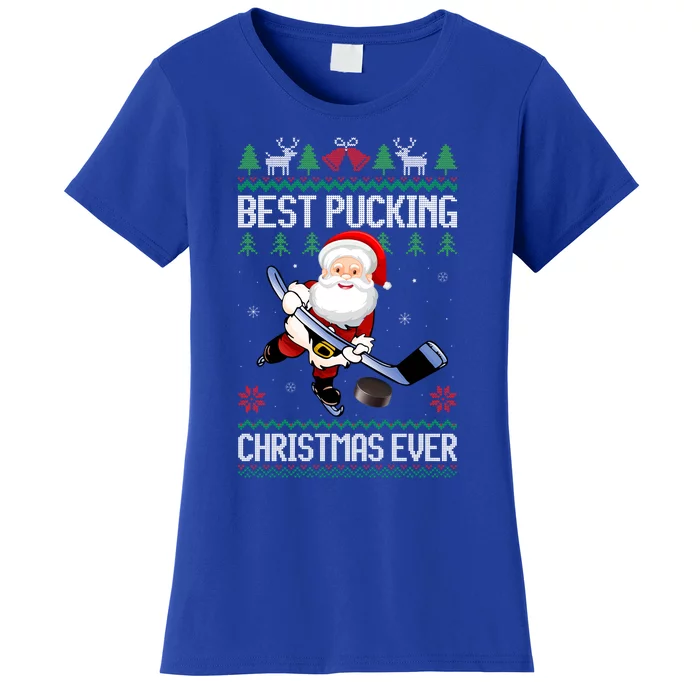 Funny Best Pucking Santa Claus Ugly Christmas Ice Hockey Funny Gift Women's T-Shirt