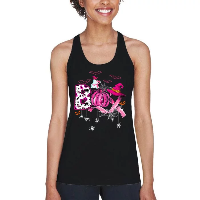 Funny Boo Pumpkin Witch Pink Ribbon Breast Cancer Halloween Women's Racerback Tank