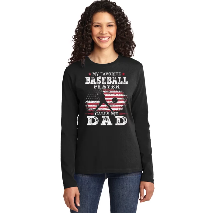 Favorite Baseball Player Calls Me Dad USA Flag Father's day Ladies Long Sleeve Shirt