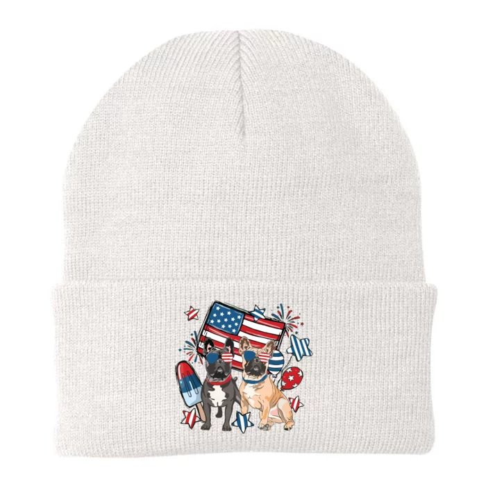 French Bulldog Patriotic Frenchie 4th Of July USA Flag Knit Cap Winter Beanie