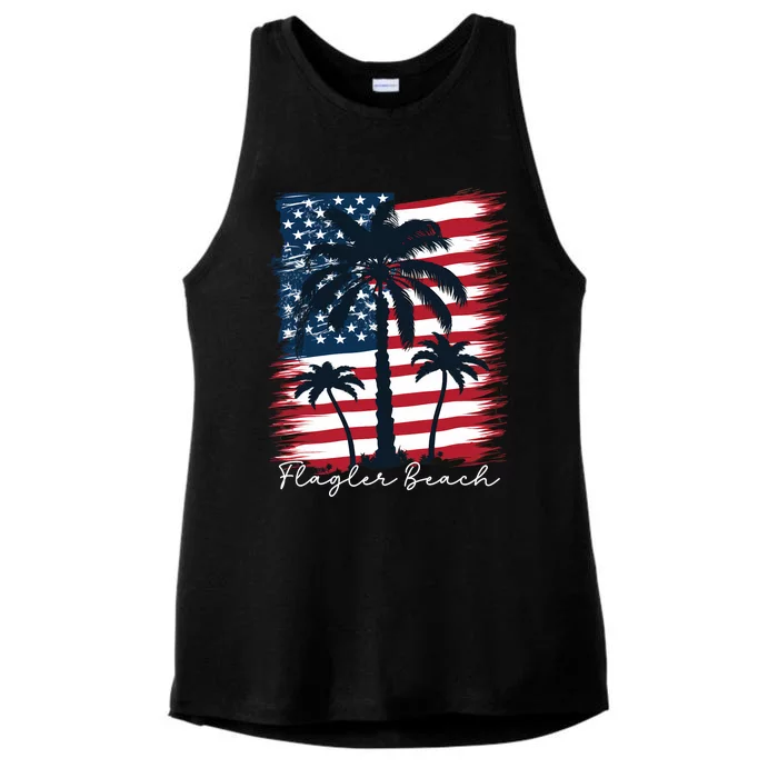 Flagler Beach Patriotic American Flag Palm Trees Ladies Tri-Blend Wicking Tank