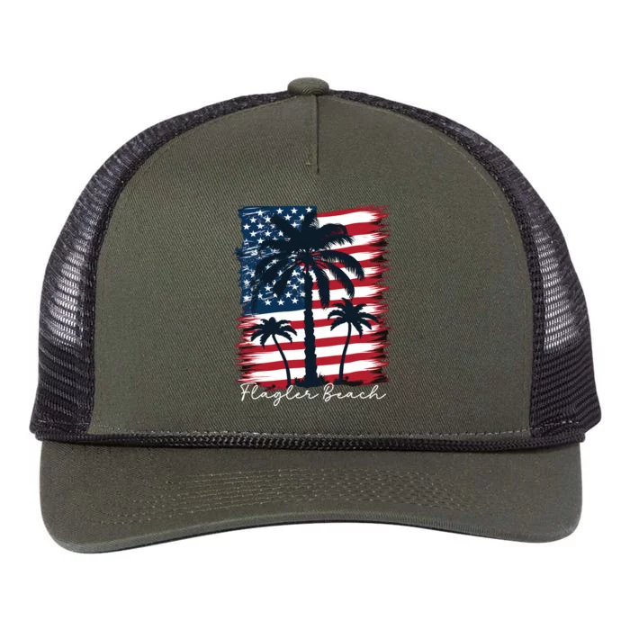 Flagler Beach Patriotic American Flag Palm Trees Retro Rope Trucker Hat Cap