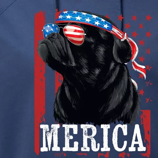 Funny Black Pug 4th of July Dog Mom Dog Dad Merica USA Flag Performance Fleece Hoodie