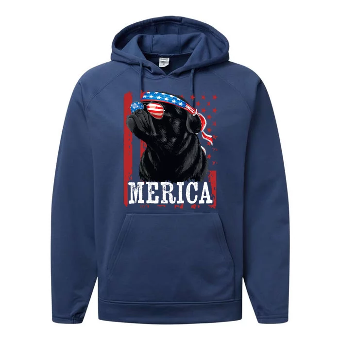 Funny Black Pug 4th of July Dog Mom Dog Dad Merica USA Flag Performance Fleece Hoodie