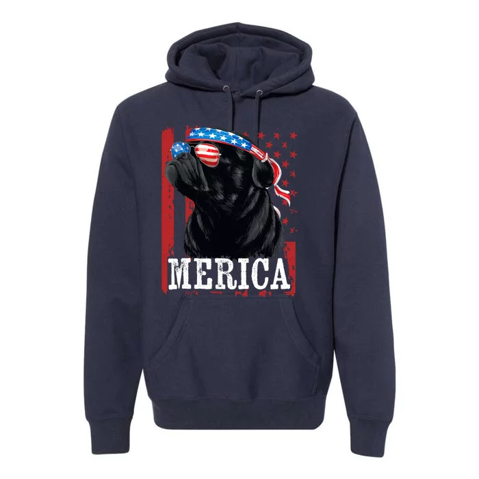 Funny Black Pug 4th of July Dog Mom Dog Dad Merica USA Flag Premium Hoodie