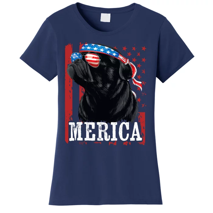 Funny Black Pug 4th of July Dog Mom Dog Dad Merica USA Flag Women's T-Shirt