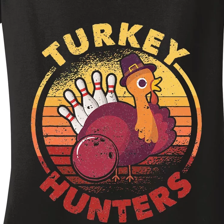 Funny Bowling Player Bowler Team Thanksgiving Turkey Hunters Women's V-Neck T-Shirt