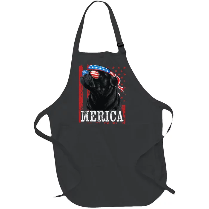 Funny Black Pug 4th of July Dog Mom Dog Dad Merica USA Flag Full-Length Apron With Pocket